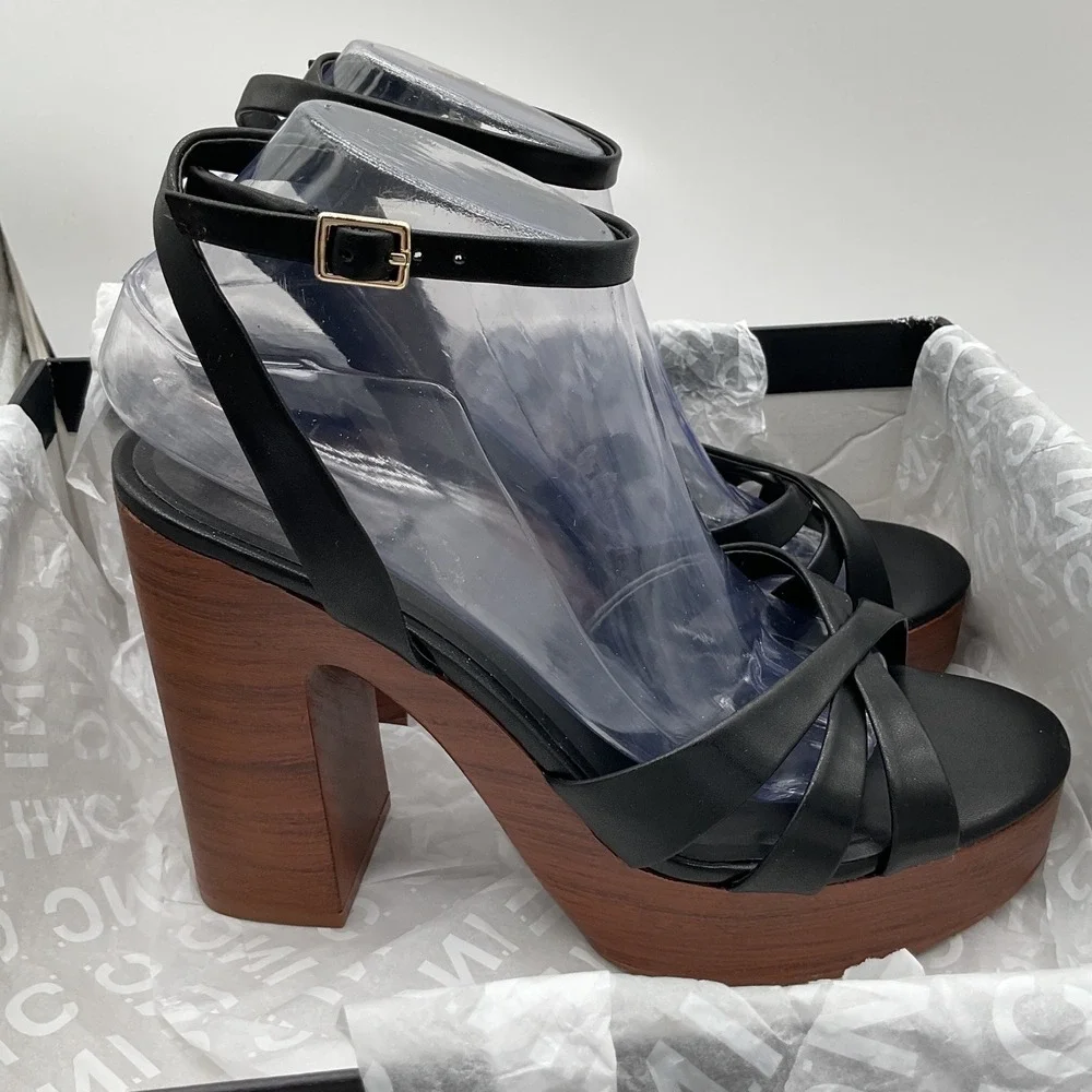 INC International Concepts Jacee Black Wood Grain Platform Sandals Womens‎ 9M